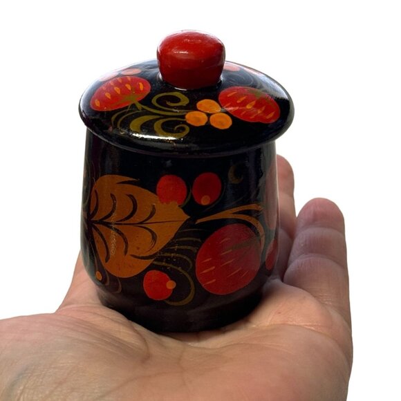 Russian Khokhloma Hand Painted Folk Art VTG 3Pc Lidded Spice Trinket Containers - Picture 12 of 13